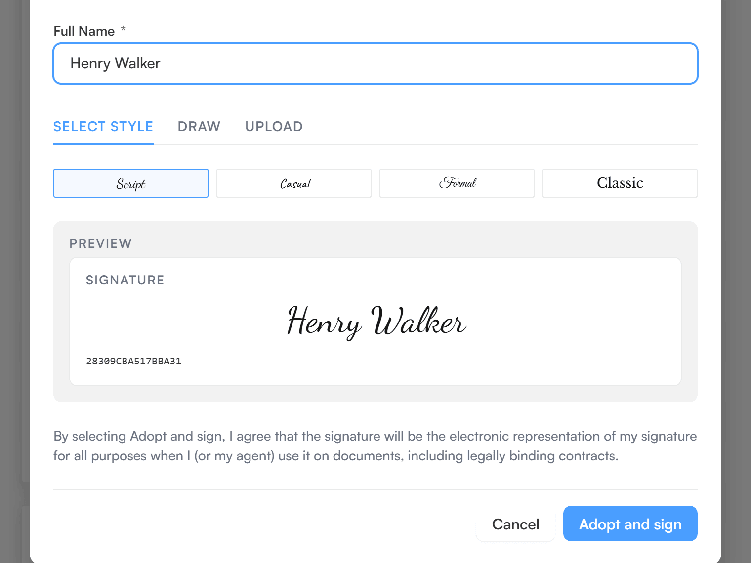 The Flowsign signing screen where a signer picks a signature style and adopts it
