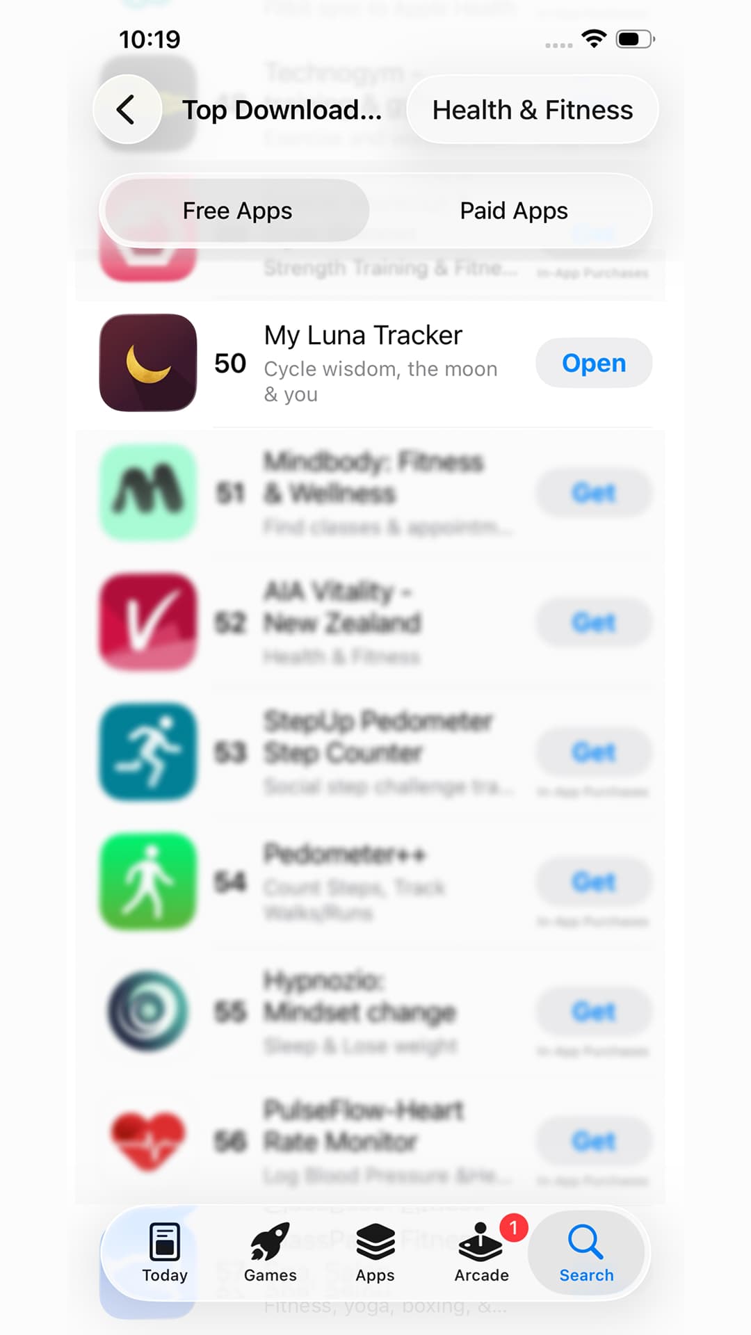 The New Zealand App Store Health & Fitness top free chart with My Luna Tracker at #50