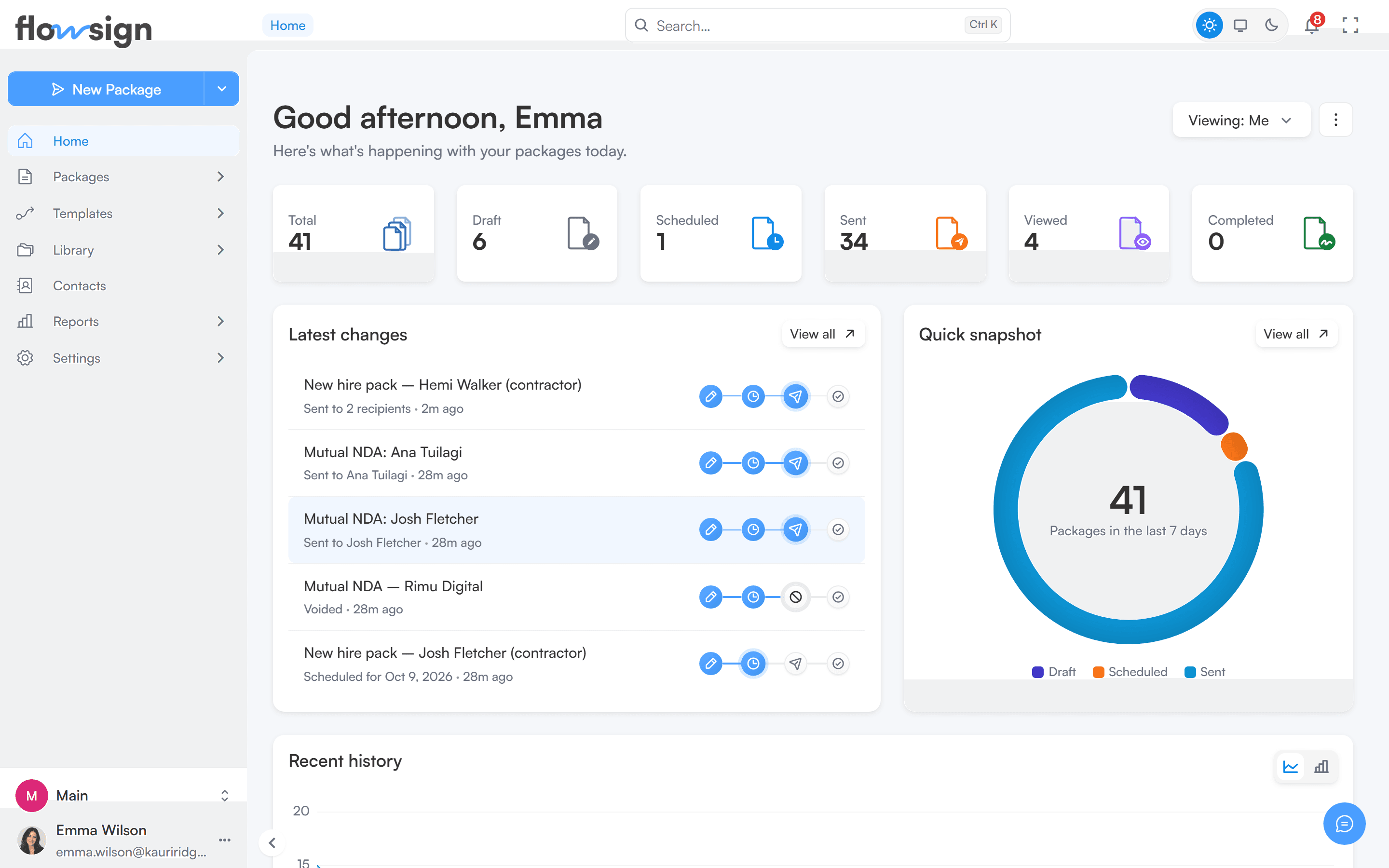 The Flowsign dashboard showing document packages and their signing progress
