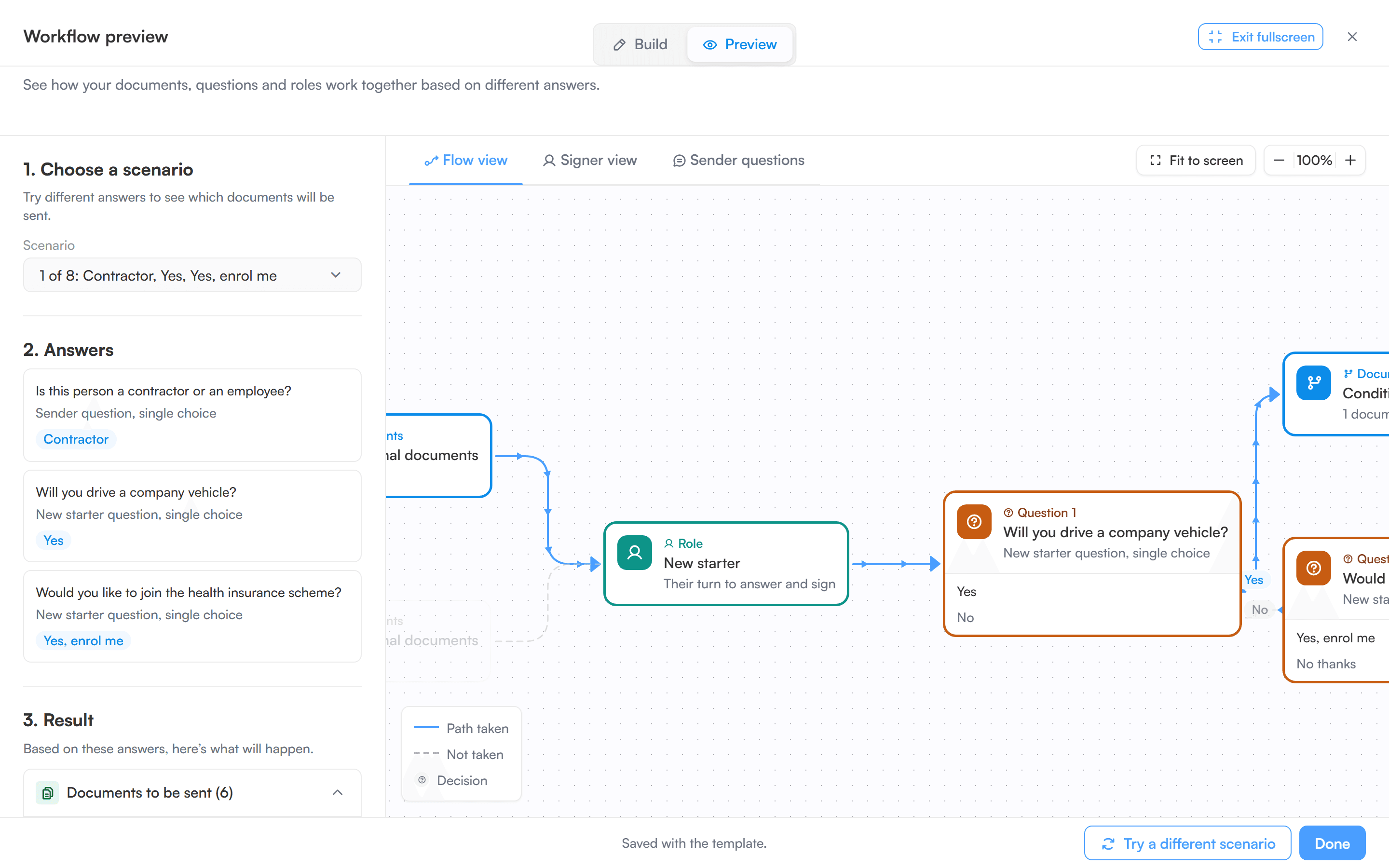 The Flowsign workflow preview routing a new starter's documents based on their answers
