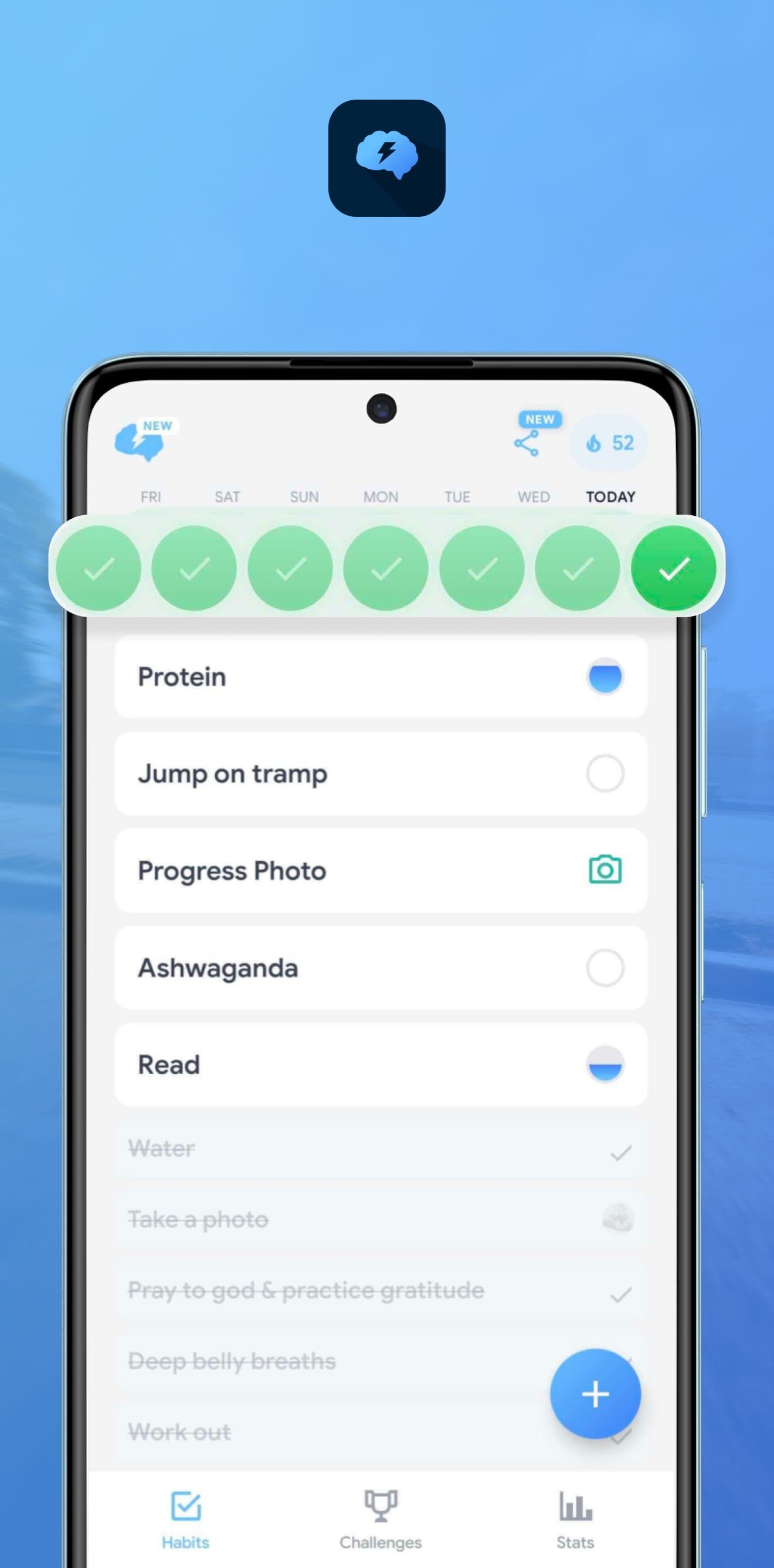 Habit Spark's today screen with a week of completed check-ins and the day's habits listed below
