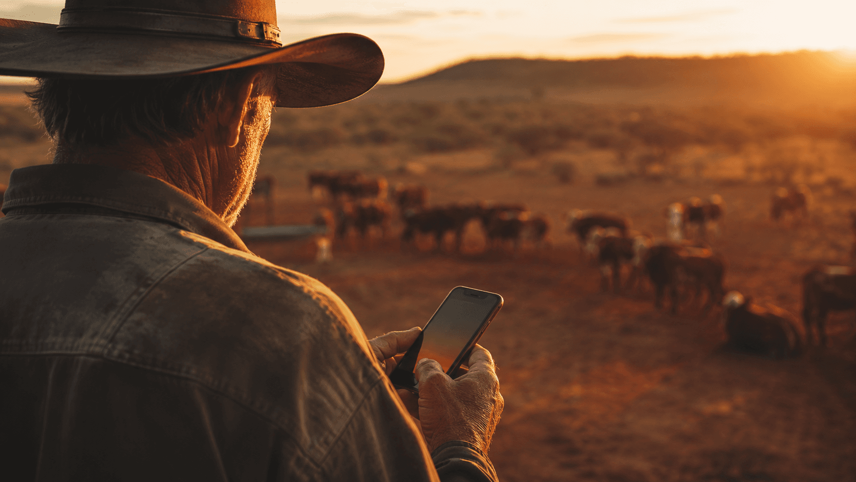 Farmer checking a phone while cattle graze a vast station at sunset