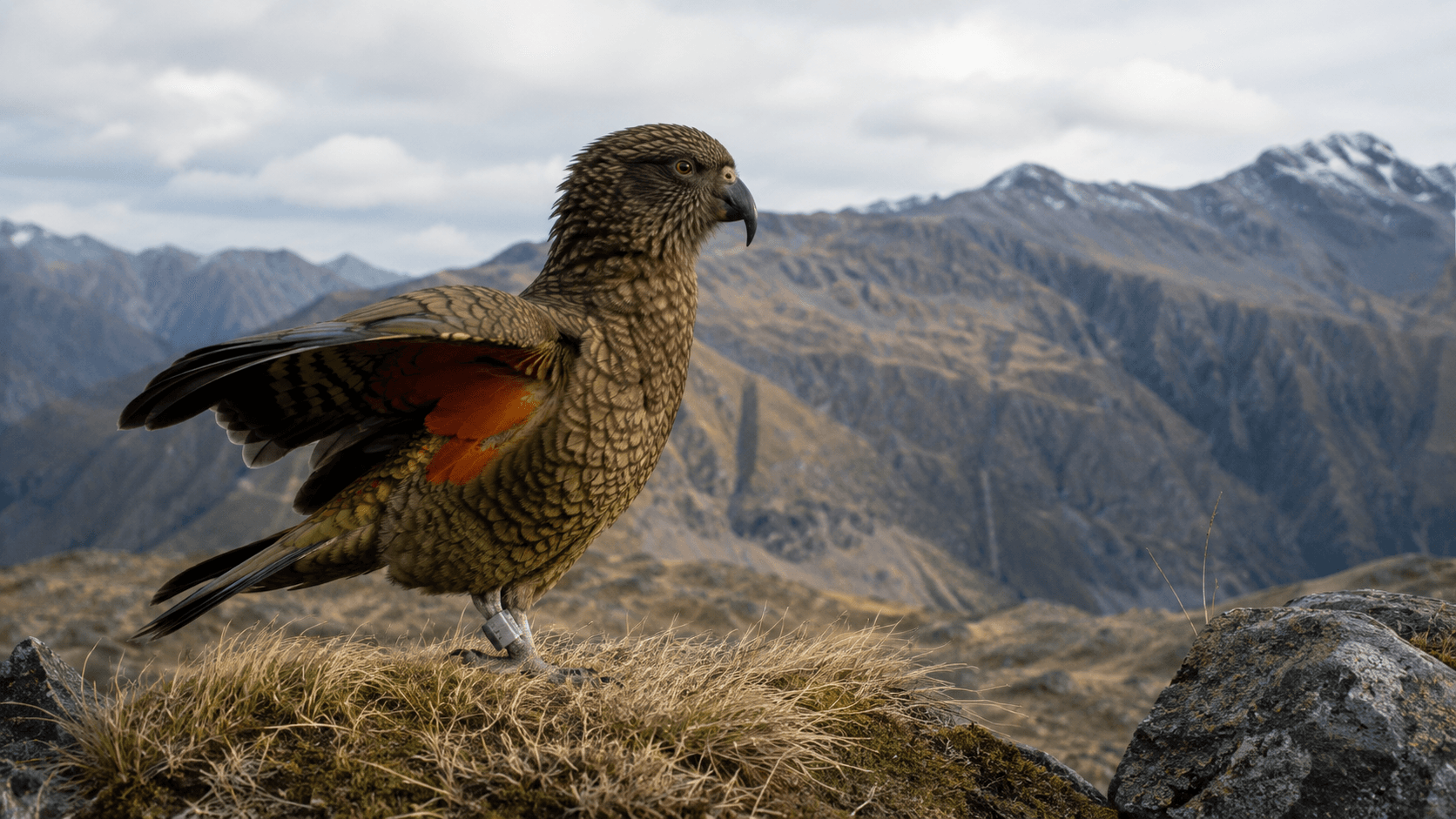 Kea in the alpine tops, orange underwing showing