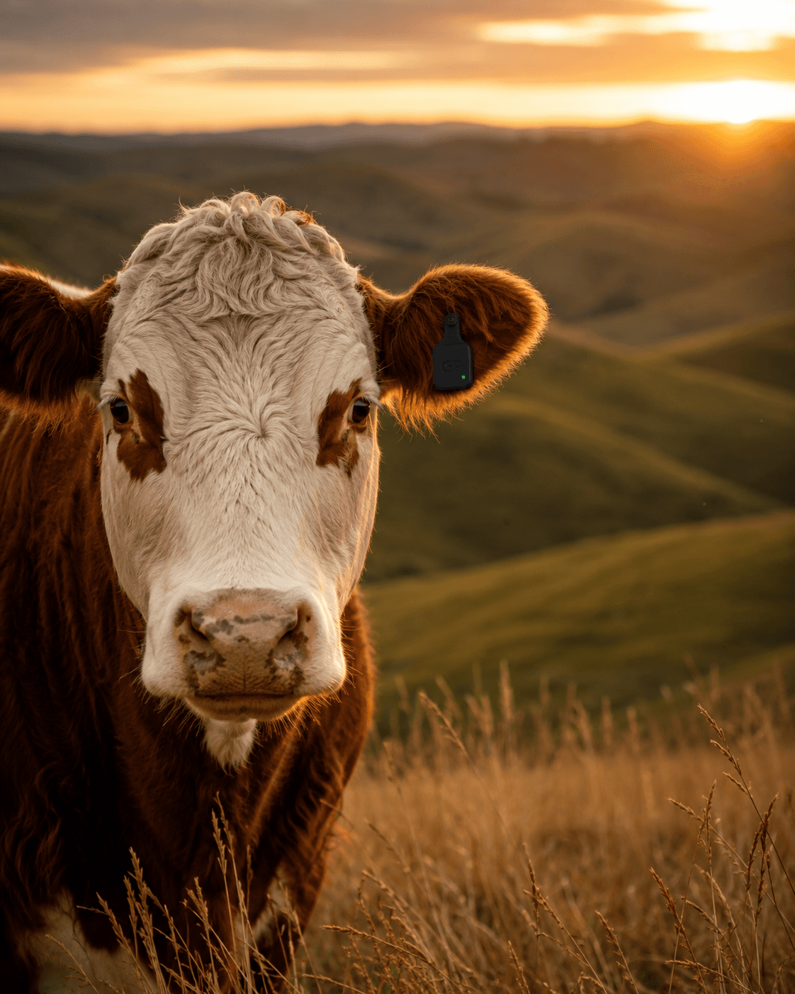 Hereford cow with a smart ear tag on rolling New Zealand hills at sunset